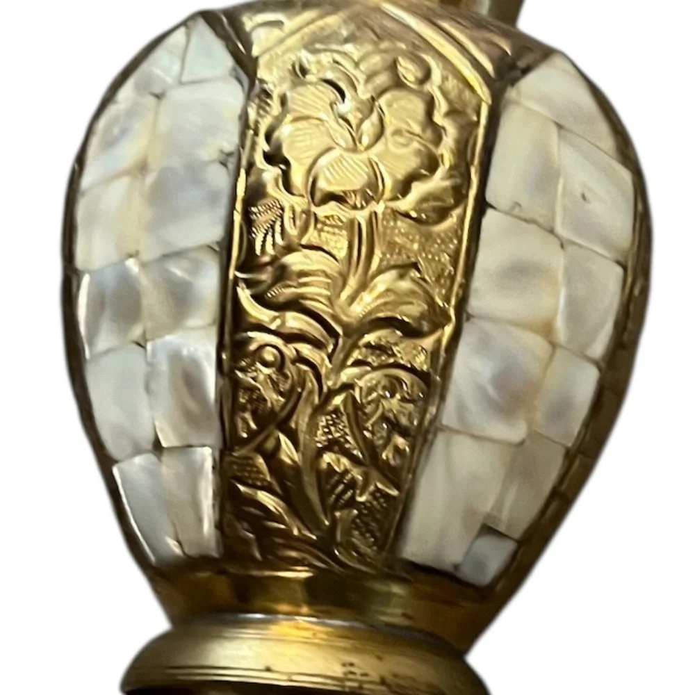 Set‎ Of 2 Vintage MCM Lacquered Brass & Mother of Pearl Inlay Vase Urn & Pitcher